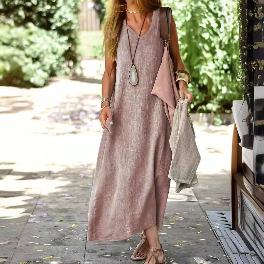 Women Summer Cotton Linen Solid Color Casual Midi Dress For Beach Party
Women Summer Cotton Linen Solid Color Casual Midi Dress For Beach Party