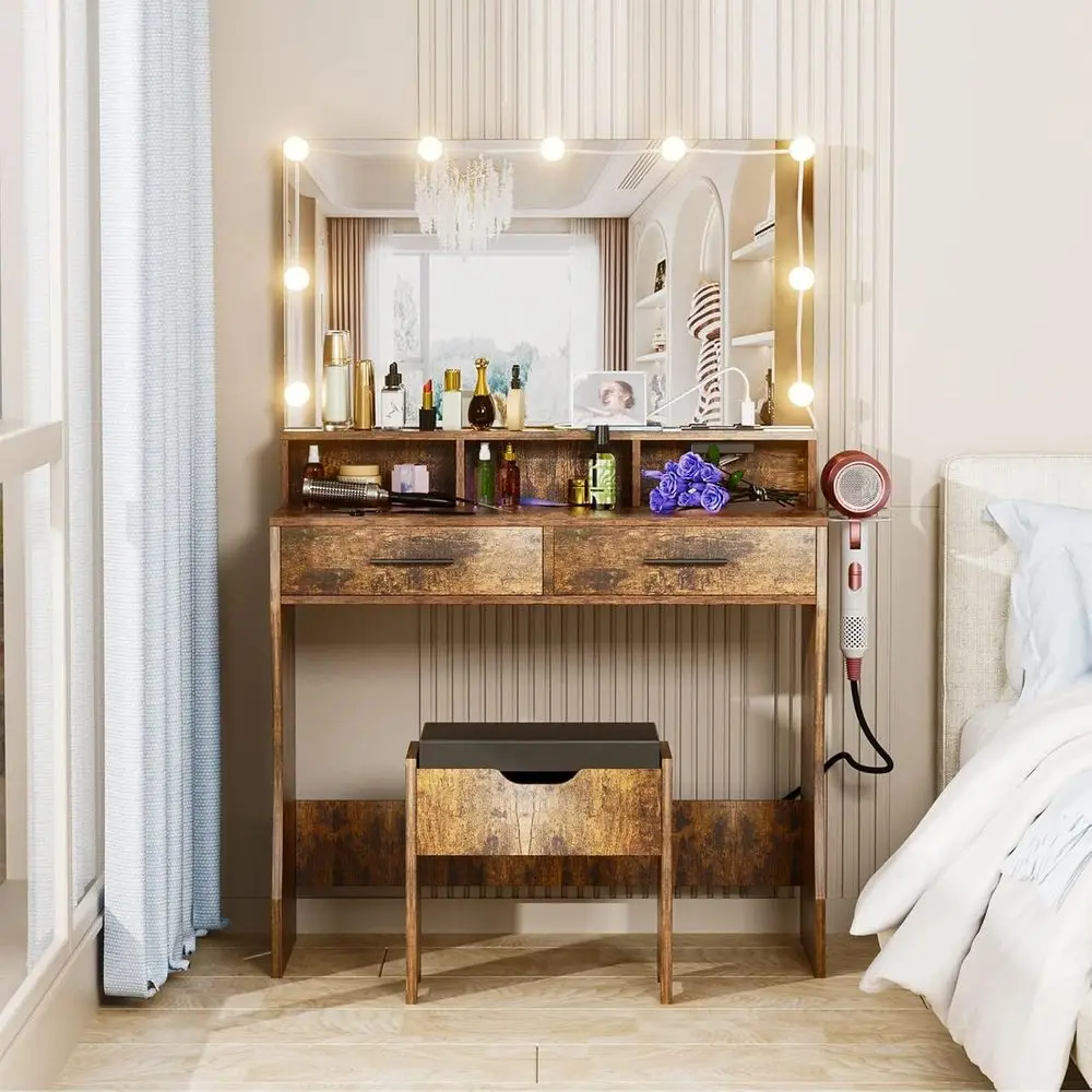 Lighted Mirror Vanity Table with Adjustable Lighting and Power Outlet, Brown Makeup Desk Set
Lighted Mirror Vanity Table with Adjustable Lighting and Power Outlet, Brown Makeup Desk Set