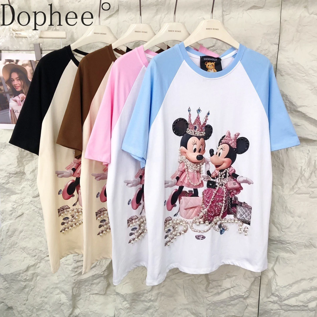 Korea All-match Summer Women Tshirts Luxury Pearl Beads Loose Short Sleeve Tees Cartoon Printing Raglan Sleeve Cotton Basic Top
Korea All-match Summer Women Tshirts Luxury Pearl Beads Loose Short Sleeve Tees Cartoon Printing Raglan Sleeve Cotton Basic Top