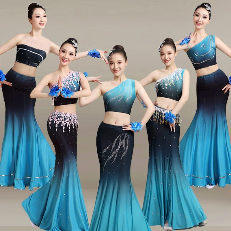 Peacock Dancer Clothes Nationality Clothing Female Chidlren Traditional Folk Fish Tail Leotard Dance Dress Stage Performance
Peacock Dancer Clothes Nationality Clothing Female Chidlren Traditional Folk Fish Tail Leotard Dance Dress Stage Performance