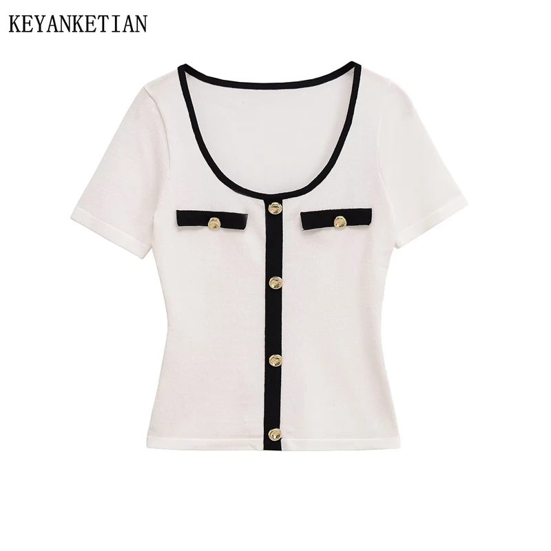 KEYANKETIAN Summer New Women's Round Neck Short Sleeved Contrasting Button Decoration Slim Knit Top Women T-shirt
KEYANKETIAN Summer New Women's Round Neck Short Sleeved Contrasting Button Decoration Slim Knit Top Women T-shirt