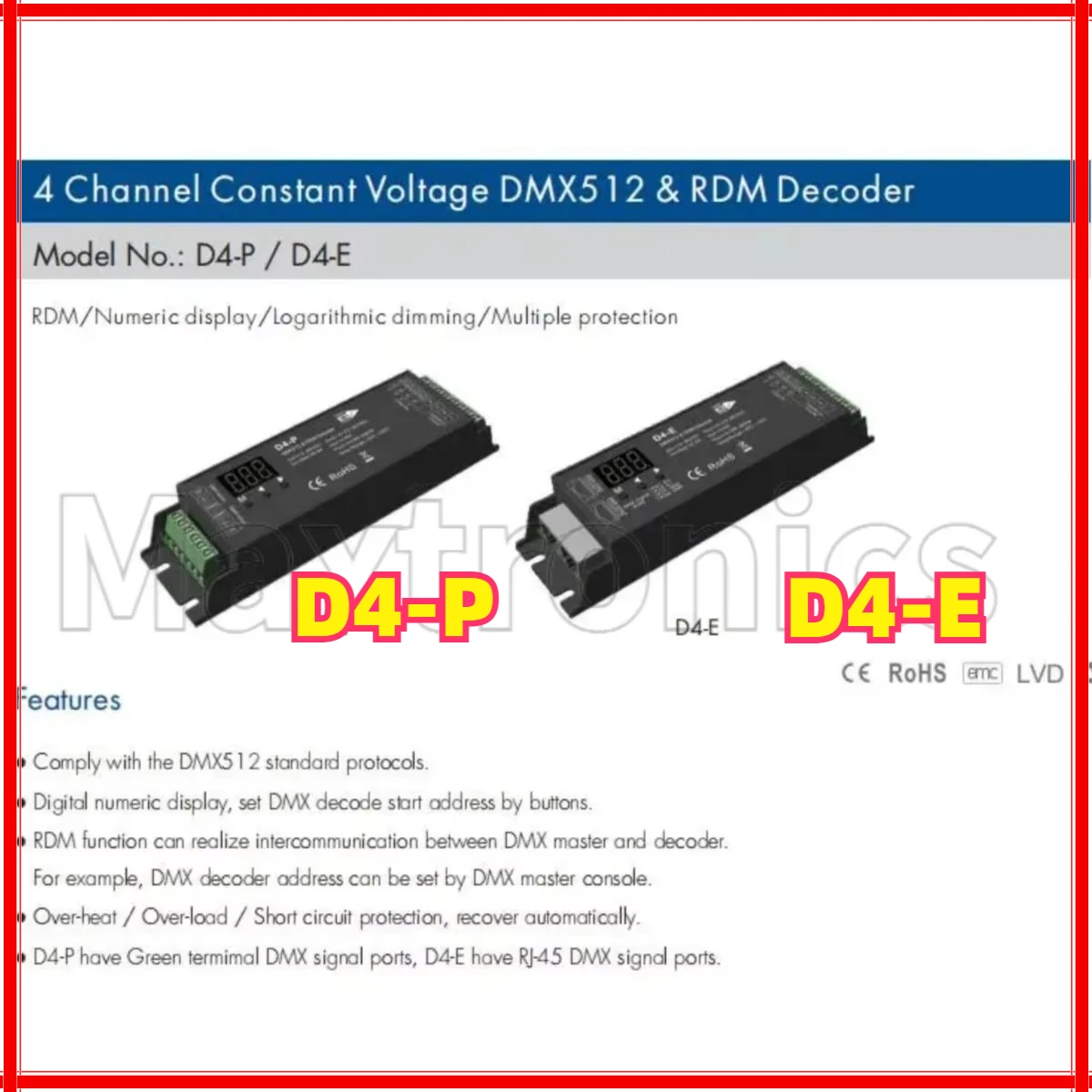 D4-E D4-P DMX512 и светодиодный декодер RDM, 4-канальный ШИМ-контроллер постоянного напряжения, цифровой дисплей, порт XLR3 RJ45, вход DC12-36 В, 8 А * 4 канала
D4-E D4-P DMX512 и светодиодный декодер RDM, 4-канальный ШИМ-контроллер постоянного напряжения, цифровой дисплей, порт XLR3 RJ45, вход DC12-36 В, 8 А * 4 канала