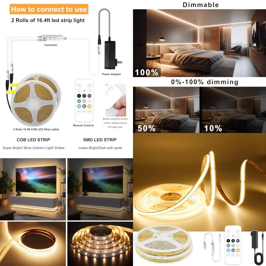 COB LED Strip Light, High Bright LED Strips with 320LEDs, RF Remote and UL Power Supply, 3000K Dimmable LED Lights for Bedroom,
COB LED Strip Light, High Bright LED Strips with 320LEDs, RF Remote and UL Power Supply, 3000K Dimmable LED Lights for Bedroom,