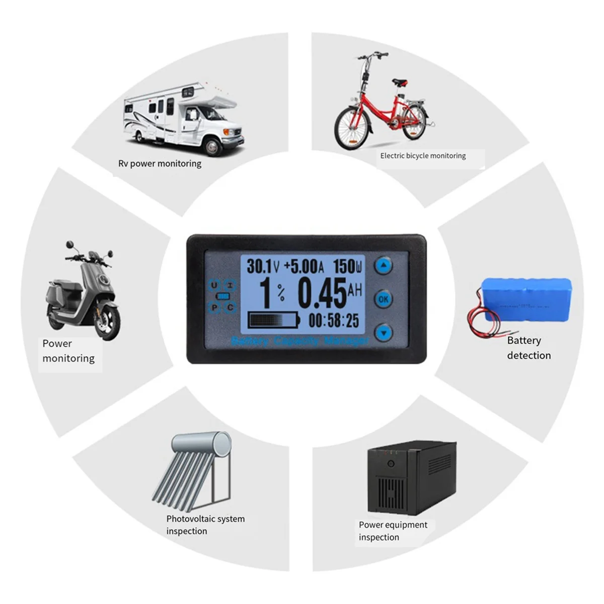 ABNC-VA9510 120V/50A Digital Voltmeter Ammeter Battery Capacity Indicator Hall Coulomb Meter Tester Power Detector
ABNC-VA9510 120V/50A Digital Voltmeter Ammeter Battery Capacity Indicator Hall Coulomb Meter Tester Power Detector