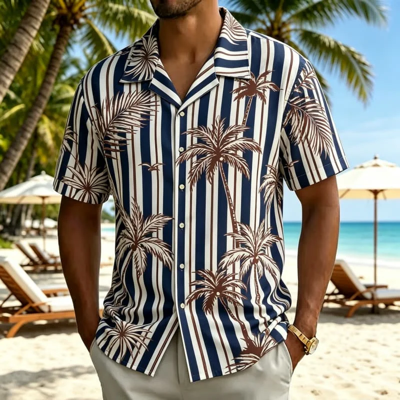 Men's tropical striped printed Hawaiian shirt, suitable for summer activities, outdoor travel, casual styling, and daily wear
Men's tropical striped printed Hawaiian shirt, suitable for summer activities, outdoor travel, casual styling, and daily wear