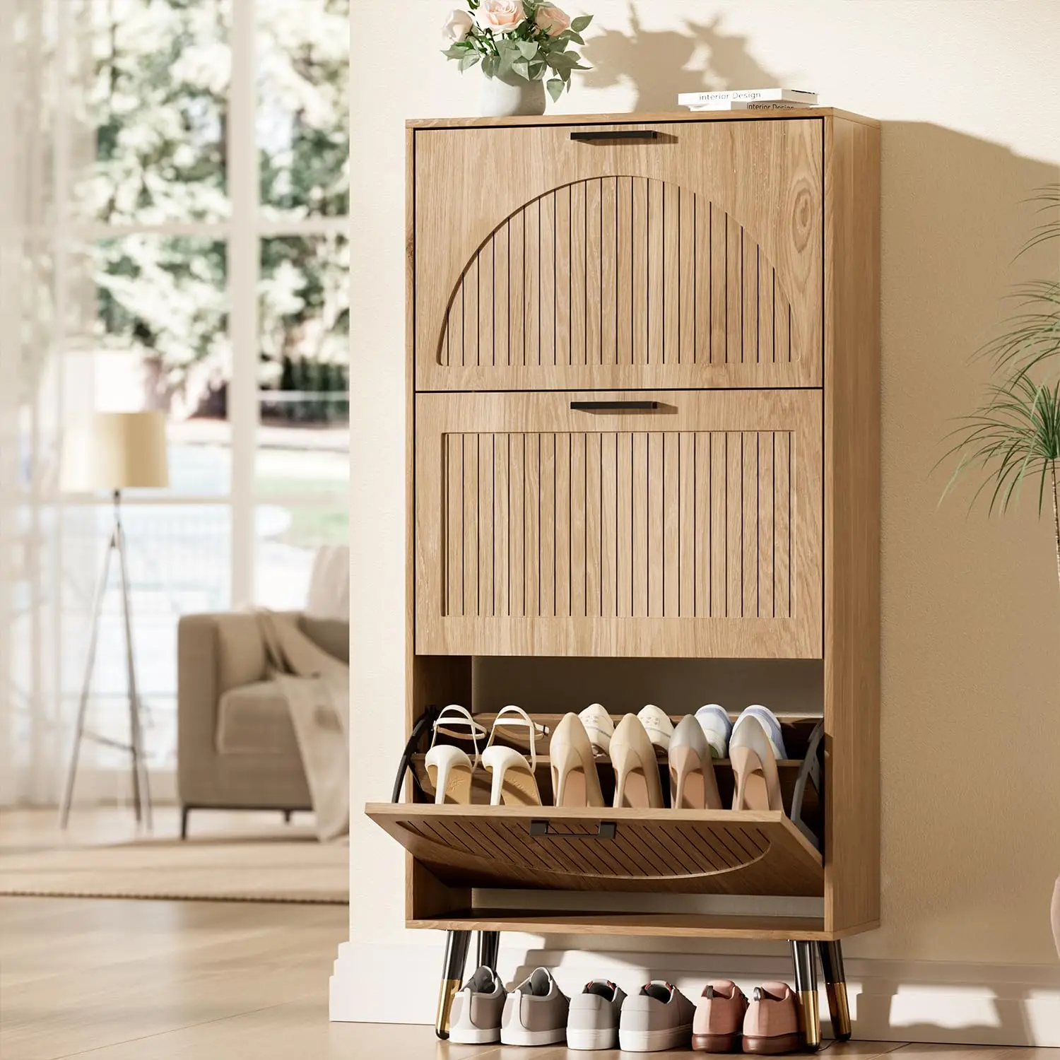 Slim Shoe Cabinet 3 Flip Drawers Round Panel Metal Leg Handle Entryway Customized
Slim Shoe Cabinet 3 Flip Drawers Round Panel Metal Leg Handle Entryway Customized