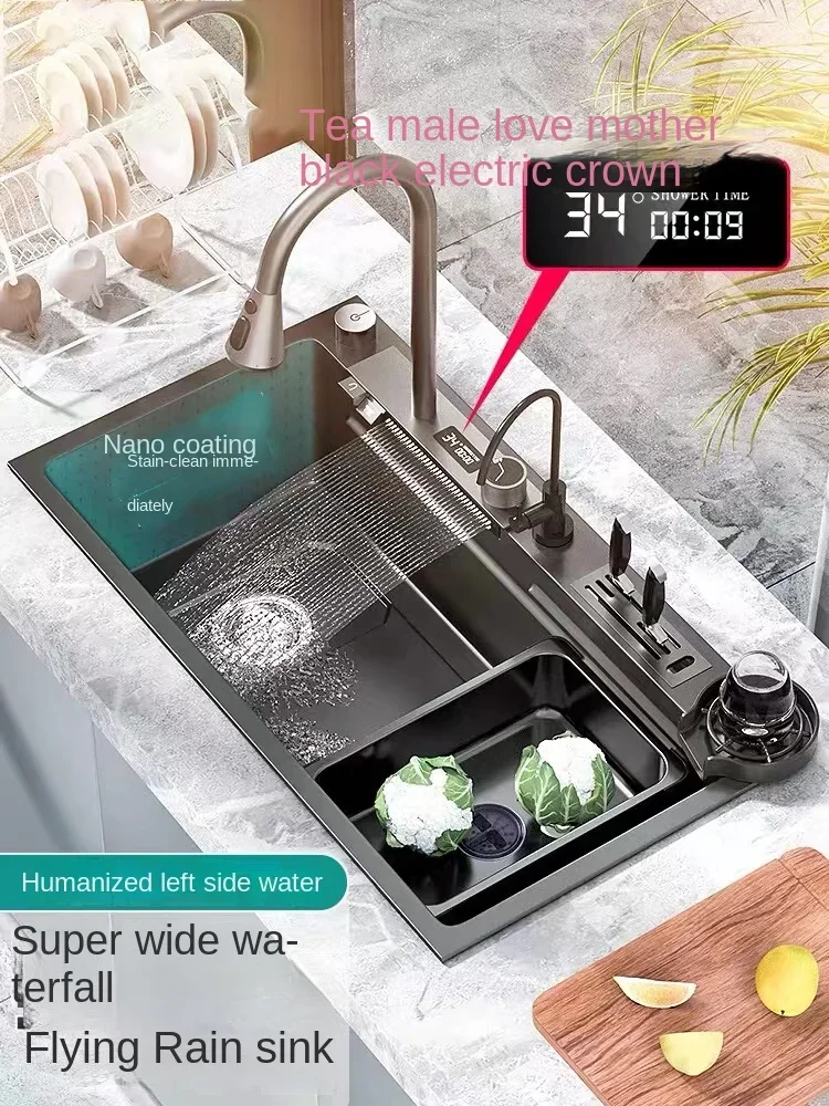 304 Stainless Steel Kitchen Waterfall Sink Digital Display Large Single Sink Dish Basin Sink with Multifunction Touch Waterfall
304 Stainless Steel Kitchen Waterfall Sink Digital Display Large Single Sink Dish Basin Sink with Multifunction Touch Waterfall