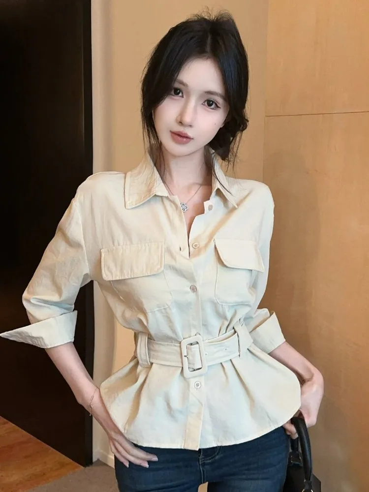 Hong Kong Style Heavy Work Shirt Women Summer Belted Double Pocket Decorative Spicy Girl Pure Desire Casual Knitted Top
Hong Kong Style Heavy Work Shirt Women Summer Belted Double Pocket Decorative Spicy Girl Pure Desire Casual Knitted Top