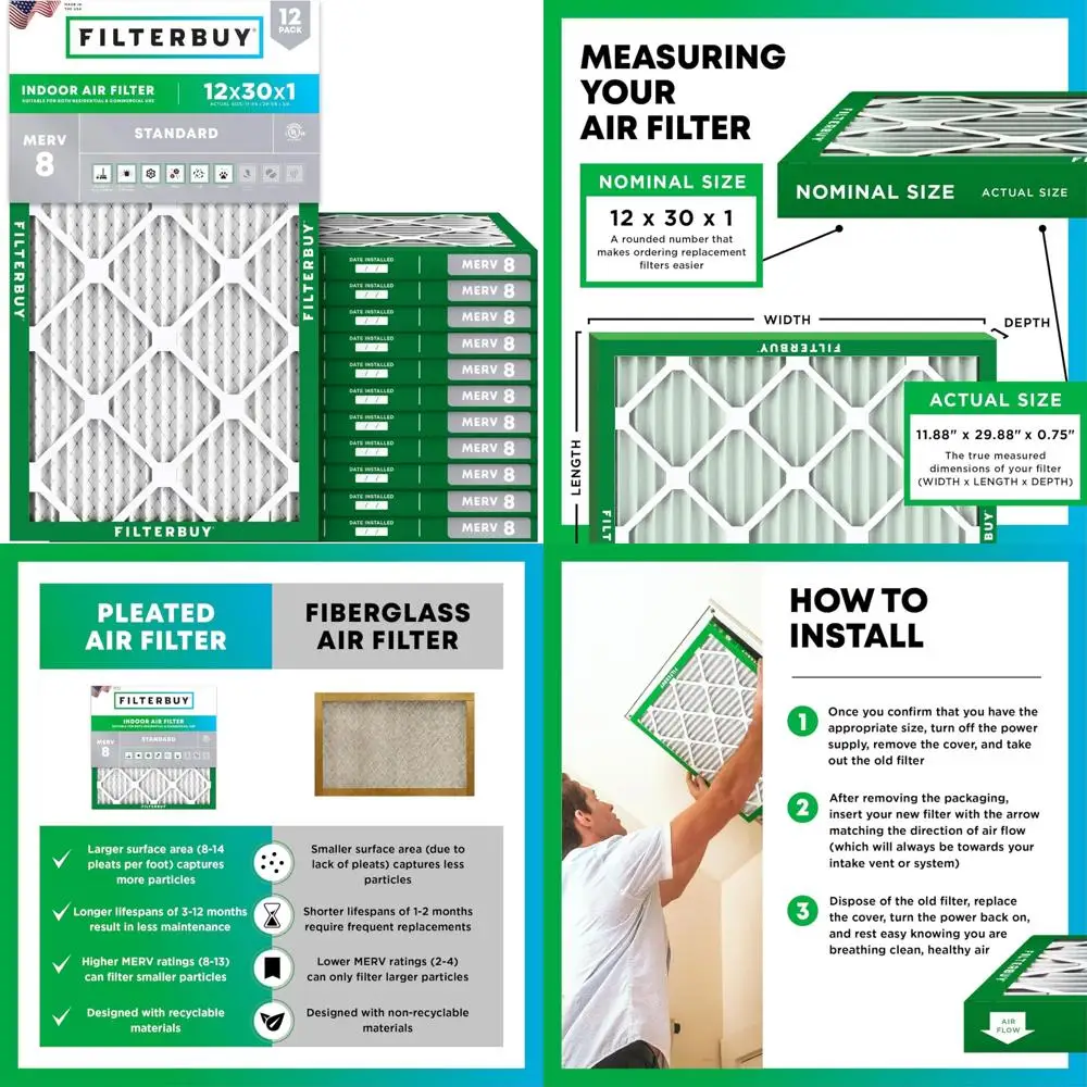 12 упаковок 30x12 воздушных фильтров MERV 8, сменные плиссированные фильтры для печей HVAC переменного тока для дома
12 упаковок 30x12 воздушных фильтров MERV 8, сменные плиссированные фильтры для печей HVAC переменного тока для дома