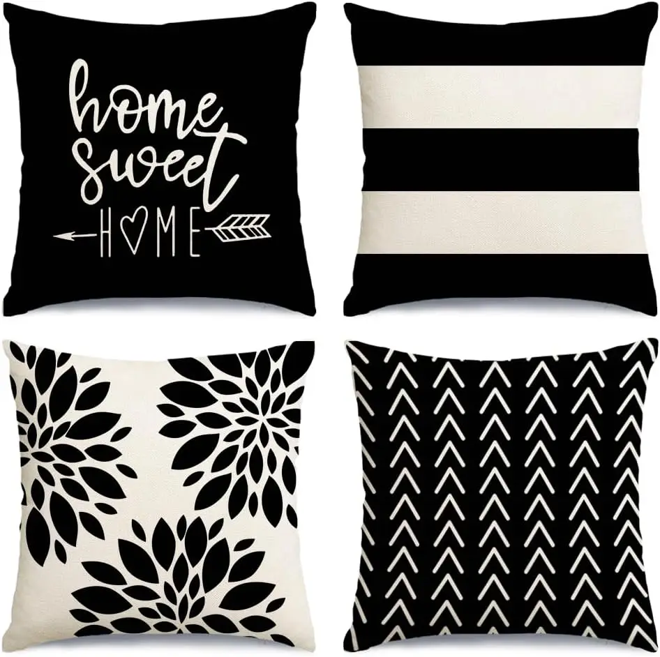 4Pcs "Home Sweet Home" Throw Pillow Covers Black White Floral Stripe Cushion Cases for Living Room Bedroom Sofa Home Ornament
4Pcs "Home Sweet Home" Throw Pillow Covers Black White Floral Stripe Cushion Cases for Living Room Bedroom Sofa Home Ornament