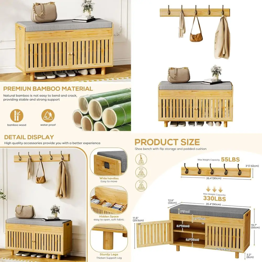 Bamboo Shoe Storage Bench with Seat Cushion and 5 Hooks, Hall Tree Entryway Furniture, 35.4Wx12.6Dx19.7H, Ideal for Entryway, Li
Bamboo Shoe Storage Bench with Seat Cushion and 5 Hooks, Hall Tree Entryway Furniture, 35.4Wx12.6Dx19.7H, Ideal for Entryway, Li