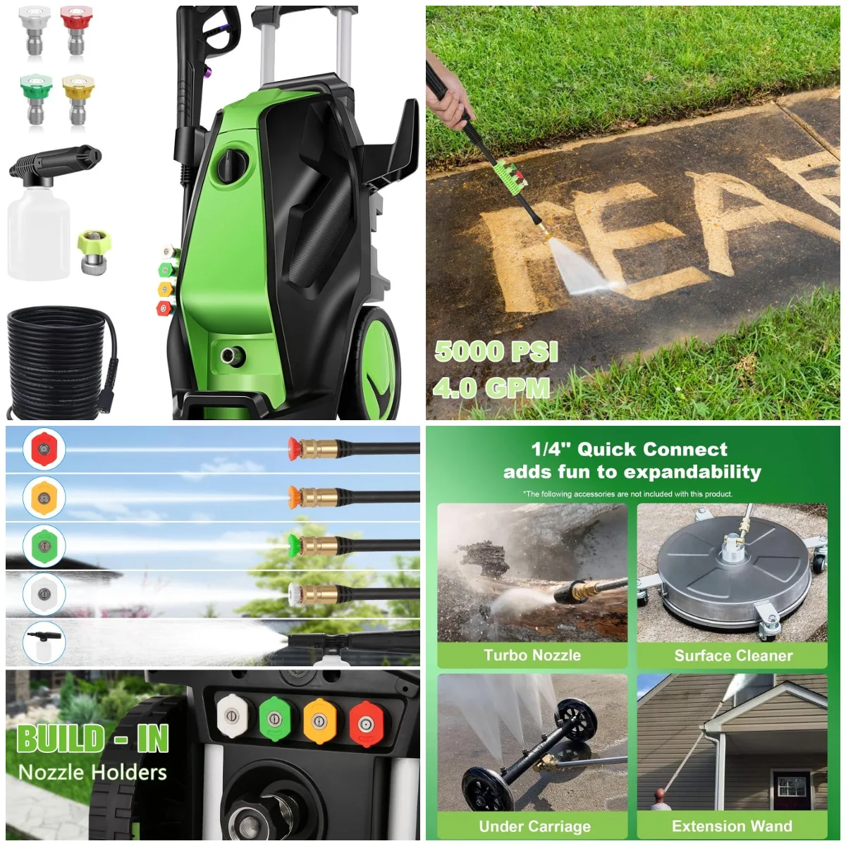 5000PSI 4.0GPM Heavy Duty Power Cleaner, 33FT Hose, 4 Nozzles, Foam Cannon for Cars, Driveways, Patios - Green
5000PSI 4.0GPM Heavy Duty Power Cleaner, 33FT Hose, 4 Nozzles, Foam Cannon for Cars, Driveways, Patios - Green