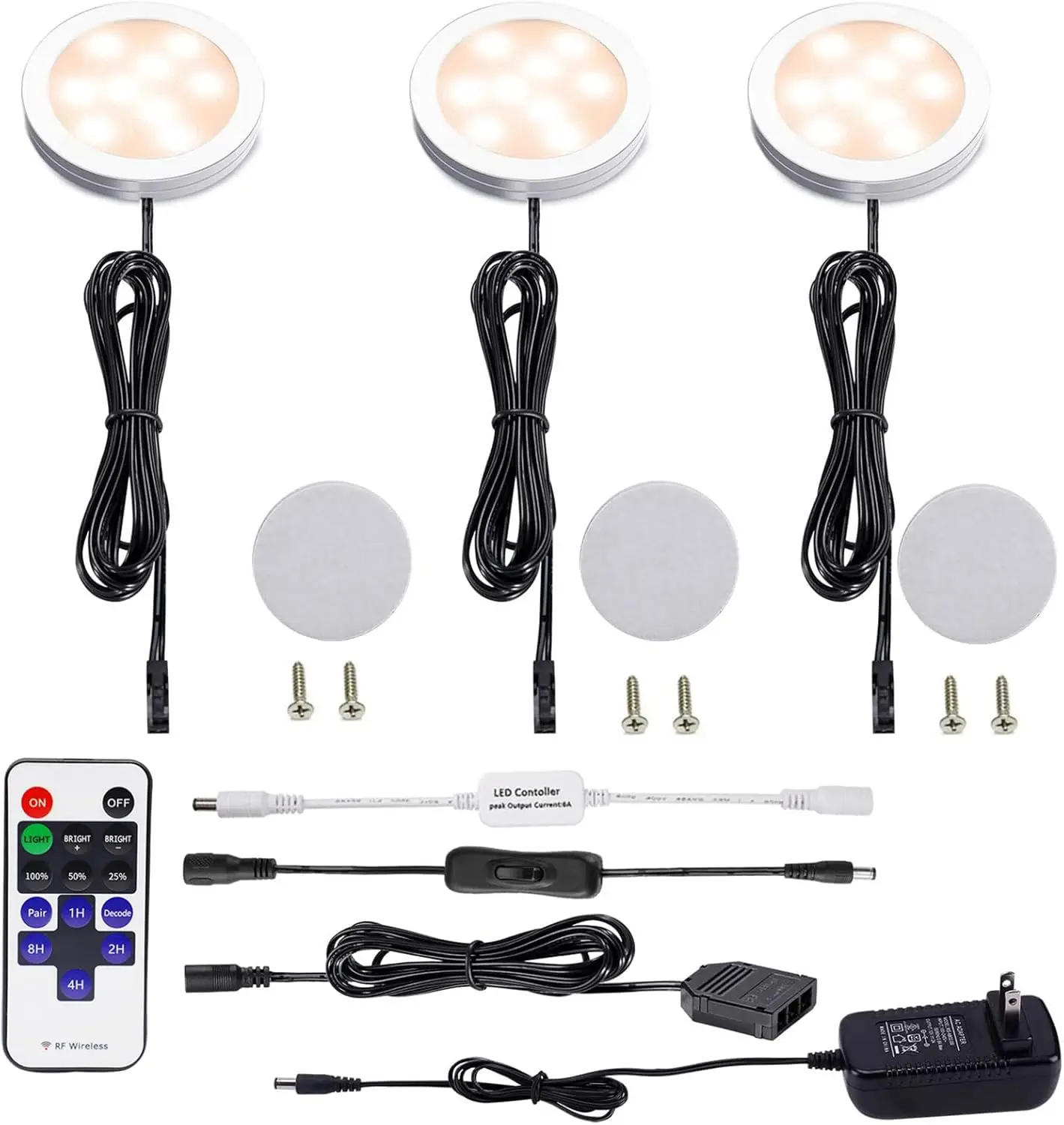 Dimmable LED Under Cabinet Puck Lights 3 Lamps Kit with RF Remote Control for Home Kitchen Counter Lighting
Dimmable LED Under Cabinet Puck Lights 3 Lamps Kit with RF Remote Control for Home Kitchen Counter Lighting
