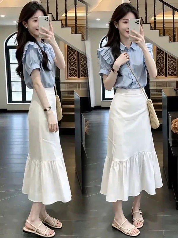 Casual Blue Shirt And Skirt Set Women's Fashion Artistic Commute Style Summer Outfit Two-Piece Ensemble High Waist Midi Skirt
Casual Blue Shirt And Skirt Set Women's Fashion Artistic Commute Style Summer Outfit Two-Piece Ensemble High Waist Midi Skirt