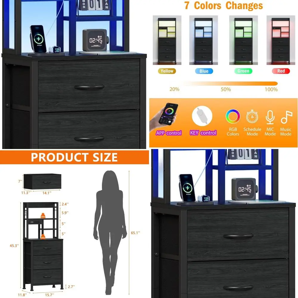 LED-lit 3-Drawer Fabric Nightstand with Bookshelf, 45.3 Tall Bedside Table for Bedroom, Dorm, Office - Black Oak Metal Frame
LED-lit 3-Drawer Fabric Nightstand with Bookshelf, 45.3 Tall Bedside Table for Bedroom, Dorm, Office - Black Oak Metal Frame