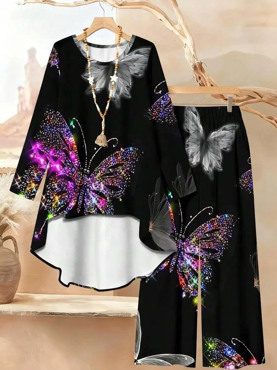 Womens Butterfly Print Long Sleeve Top And High Waisted Straight Pants Set
Womens Butterfly Print Long Sleeve Top And High Waisted Straight Pants Set