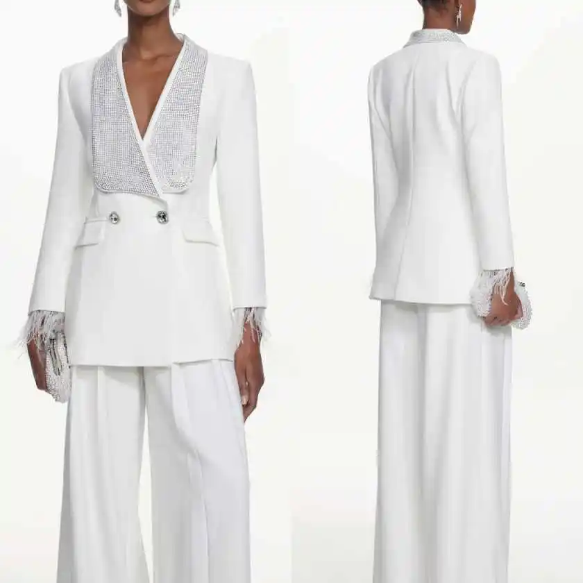 Elegant Beaded Office Ladies Work Sets Double Breasted Long Sleeve Jacket Blazers Feather Customized 2 Pieces Wear
Elegant Beaded Office Ladies Work Sets Double Breasted Long Sleeve Jacket Blazers Feather Customized 2 Pieces Wear
