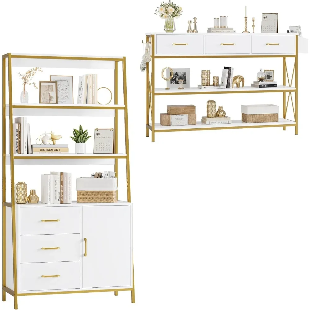 Tall Bookshelf, Industrial Console Table with Drawers and Ladder Shelves, Free Standing Storage Cabinet Kitchen Bakers Rack
Tall Bookshelf, Industrial Console Table with Drawers and Ladder Shelves, Free Standing Storage Cabinet Kitchen Bakers Rack