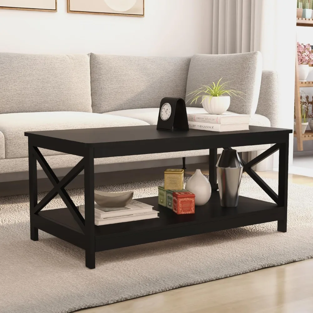 Black coffee table with storage, simple center table, 1 shelf, X shape design, rectangular
Black coffee table with storage, simple center table, 1 shelf, X shape design, rectangular
