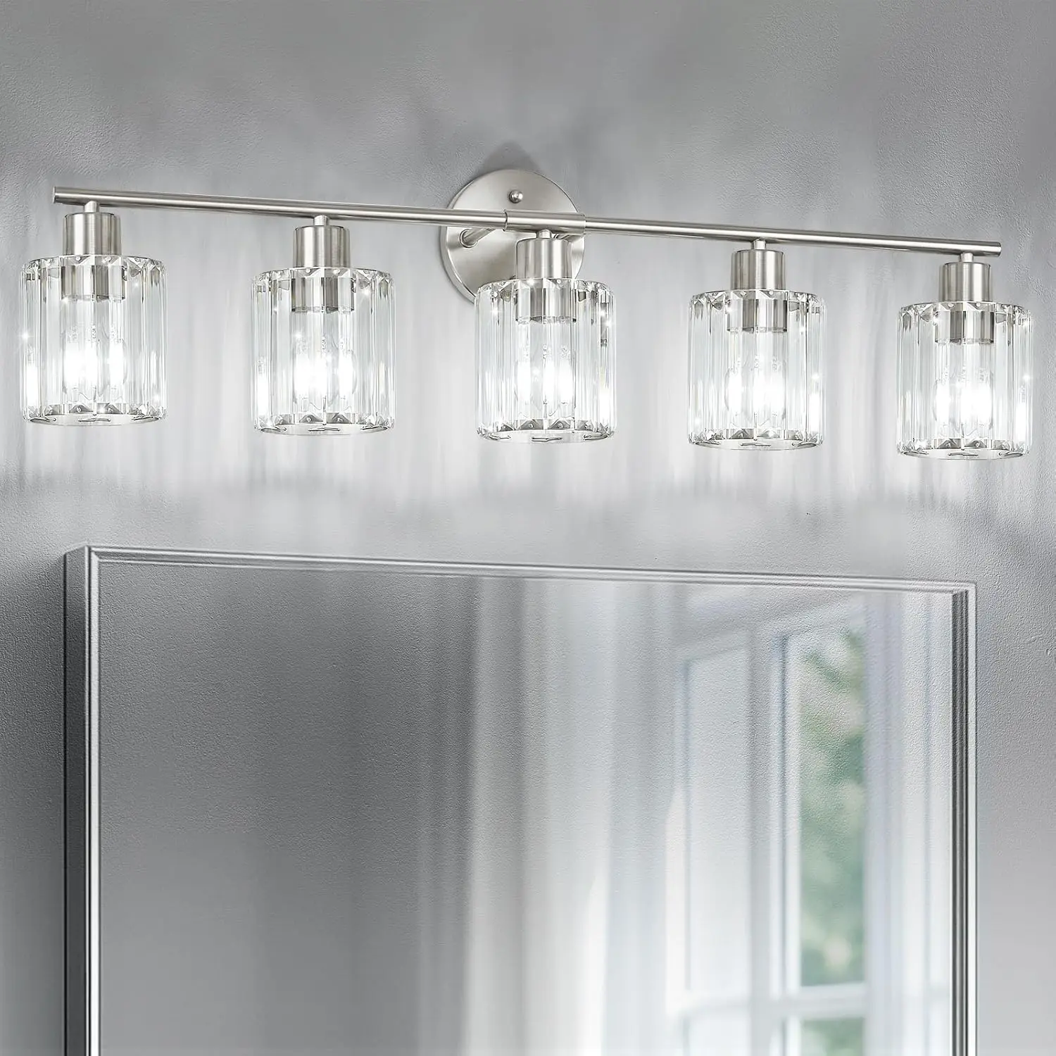 Modern 5-Light Crystal Vanity Light, Brushed Nickel Bathroom Fixture Over Mirror, E26 Socket
Modern 5-Light Crystal Vanity Light, Brushed Nickel Bathroom Fixture Over Mirror, E26 Socket