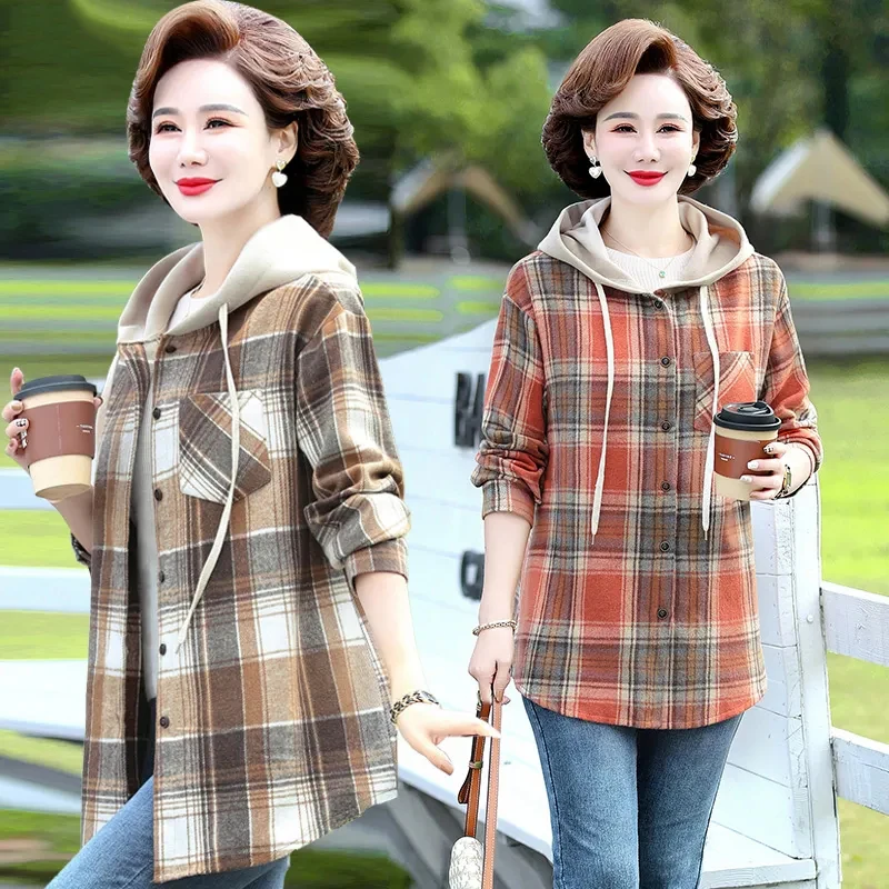 2024 New Spring Plaid Long-Sleeved Shirt Coat Middle-Aged Women's Loose Hooded Shirt Jacket Female Casual Shirts Outerwear 5XL
2024 New Spring Plaid Long-Sleeved Shirt Coat Middle-Aged Women's Loose Hooded Shirt Jacket Female Casual Shirts Outerwear 5XL