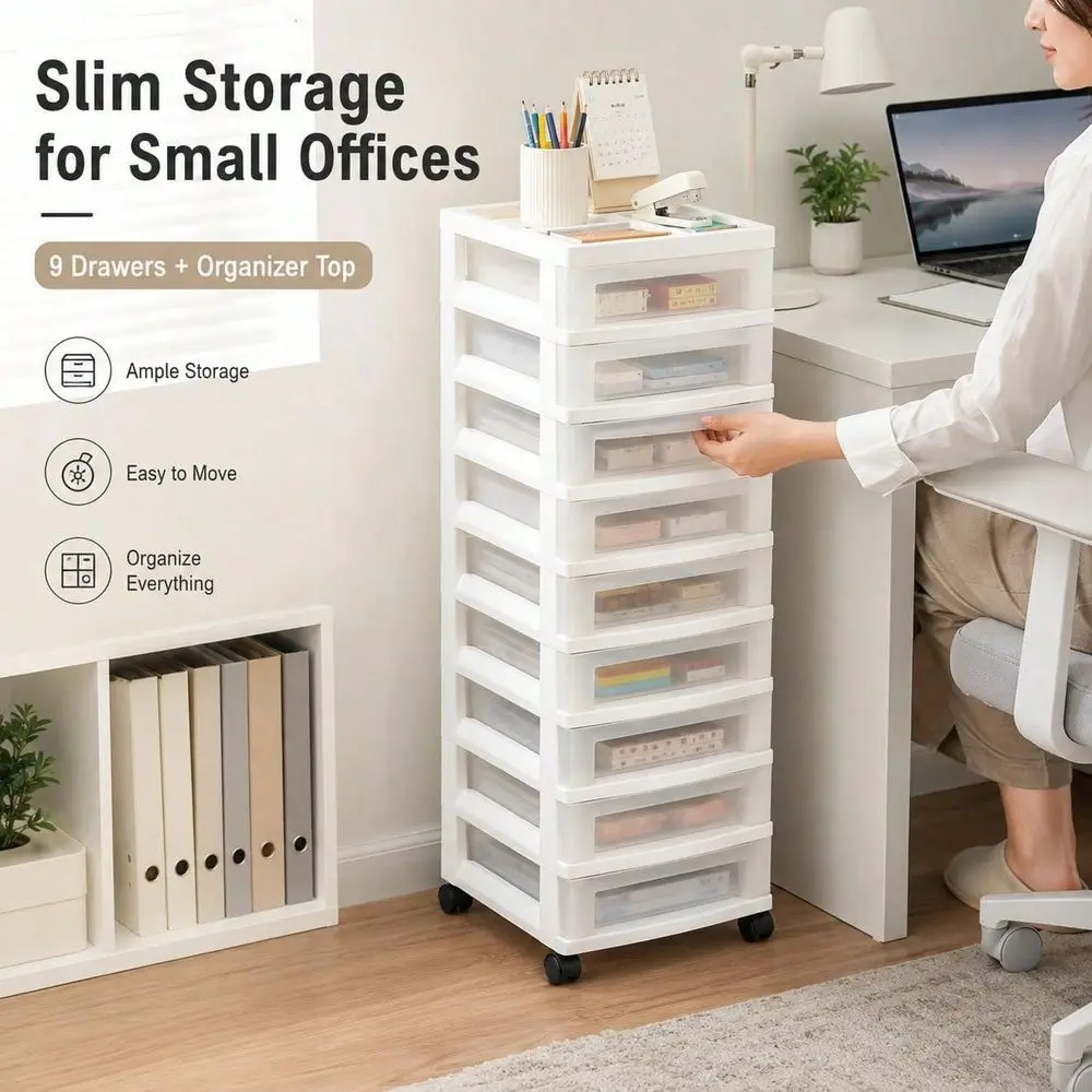 9Drawer Narrow Plastic Drawer Organizer, Rolling Storage Cabinet With Wheels And Top Storage Tray
9Drawer Narrow Plastic Drawer Organizer, Rolling Storage Cabinet With Wheels And Top Storage Tray