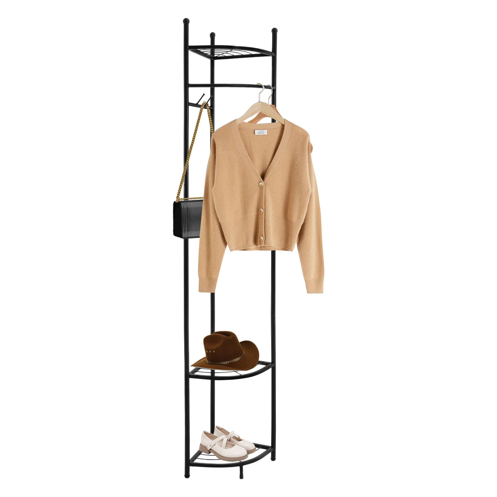 Modern Free-Standing Corner Coat Rack with 3 Fan-Shaped Shelves, 4 Hooks, Sturdy Carbon Steel Frame for Clothing Hanging and
Modern Free-Standing Corner Coat Rack with 3 Fan-Shaped Shelves, 4 Hooks, Sturdy Carbon Steel Frame for Clothing Hanging and