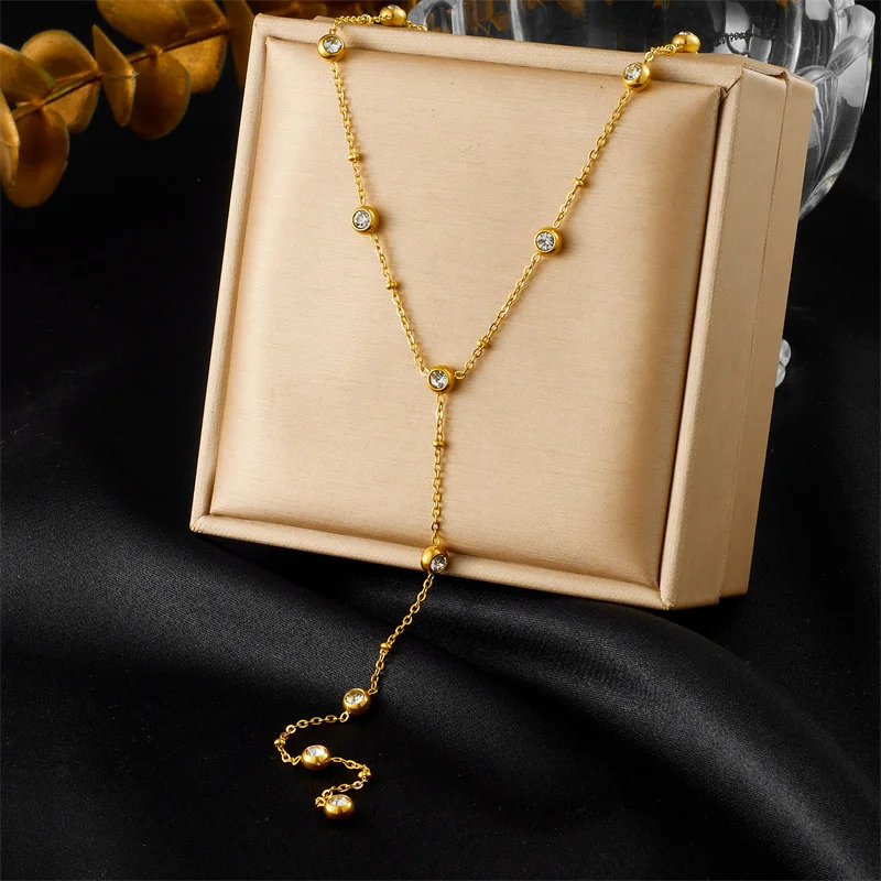 Gold Tone 316L Stainless Steel CZ Bezel Set Lariat Y-Necklace for Women
Gold Tone 316L Stainless Steel CZ Bezel Set Lariat Y-Necklace for Women