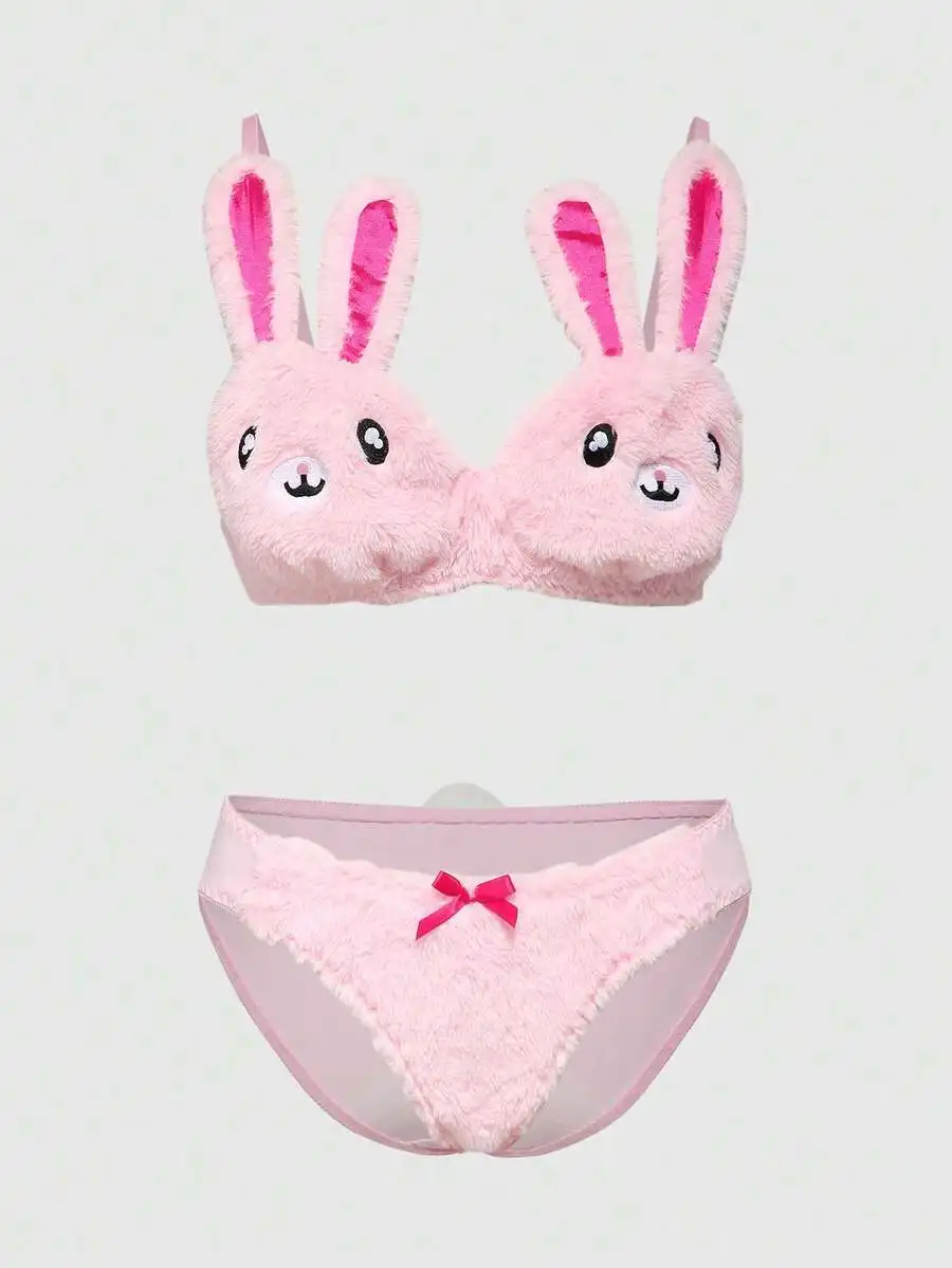 Pink Plush Bunny-Ear Wireless Bra and Panty Set with Bow Detail
Pink Plush Bunny-Ear Wireless Bra and Panty Set with Bow Detail