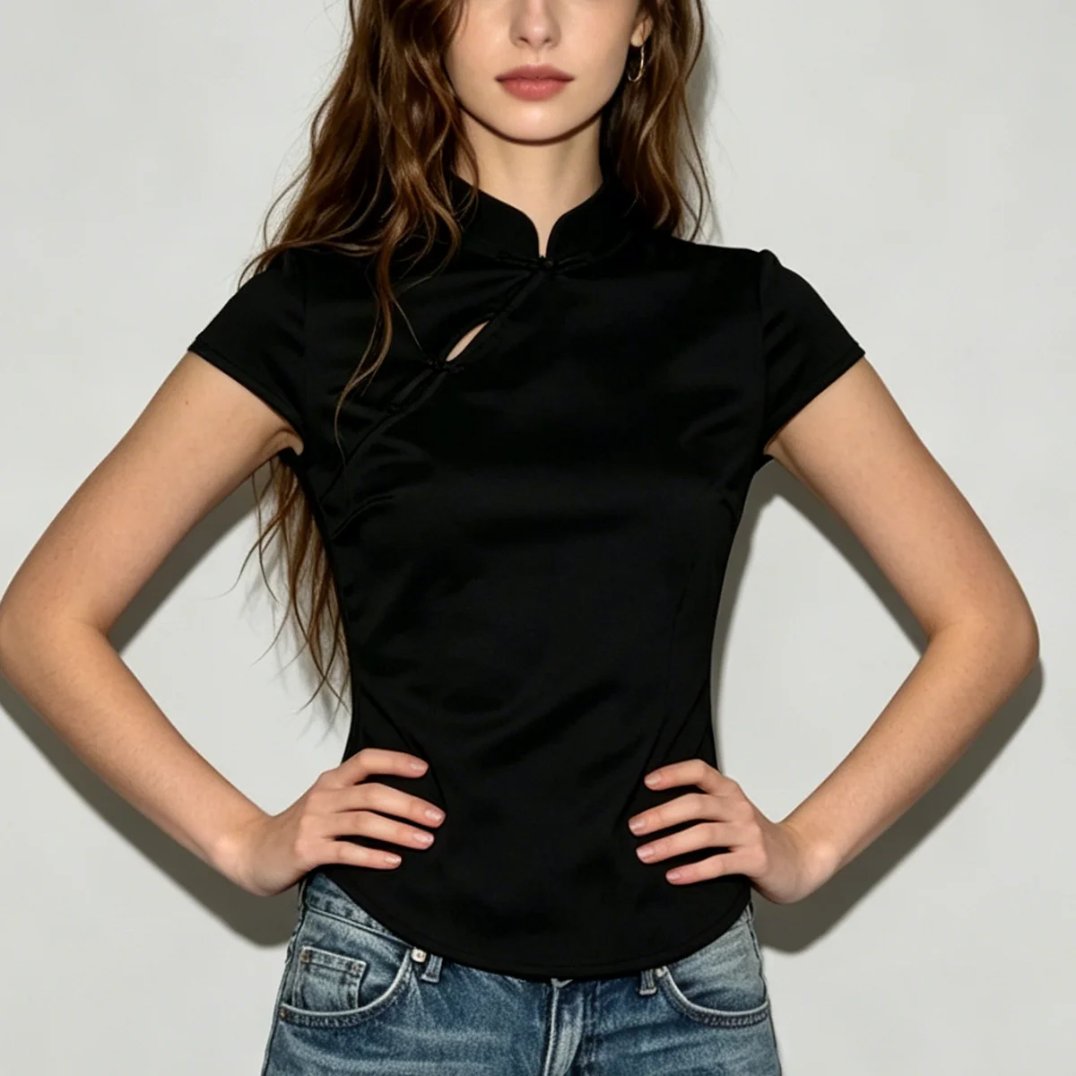 LIMO Women's Satin Mandarin Collar Asymmetric Placket Short Sleeve Blouse
LIMO Women's Satin Mandarin Collar Asymmetric Placket Short Sleeve Blouse