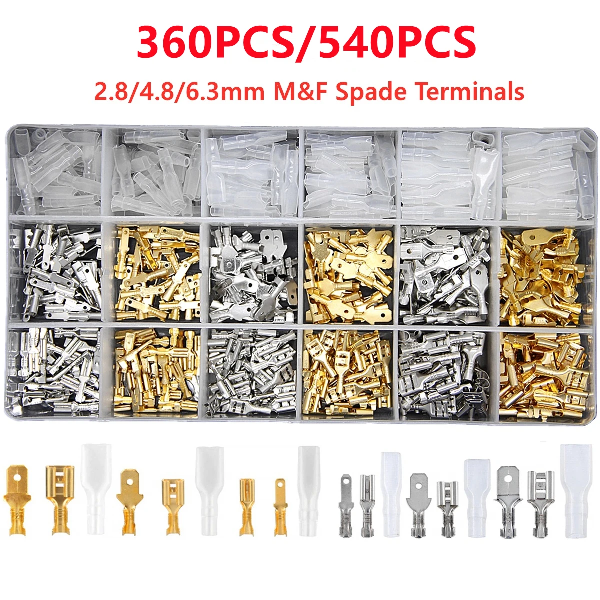 540/360Pcs Male Female Wire Box Insulated Cable Connector 2.8/4.8/6.3mm Electrical Crimp Terminals Gold Silver Spade Connectors
540/360Pcs Male Female Wire Box Insulated Cable Connector 2.8/4.8/6.3mm Electrical Crimp Terminals Gold Silver Spade Connectors