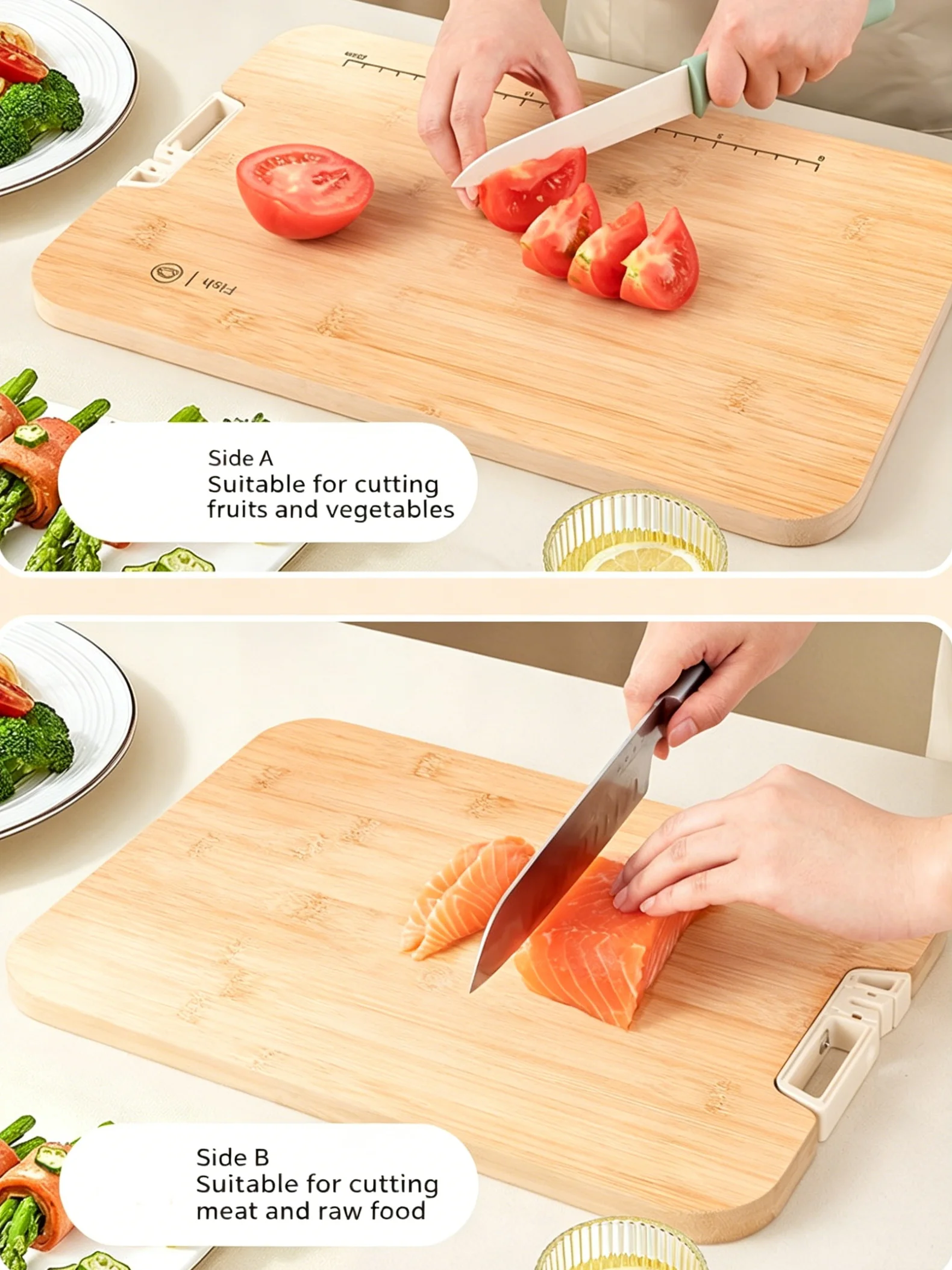 Bamboo Cutting Board with Scale Sharpener, Double Sided Standable Antibacterial Chopping Block Non Slip Easy Clean Kitchen Board
Bamboo Cutting Board with Scale Sharpener, Double Sided Standable Antibacterial Chopping Block Non Slip Easy Clean Kitchen Board