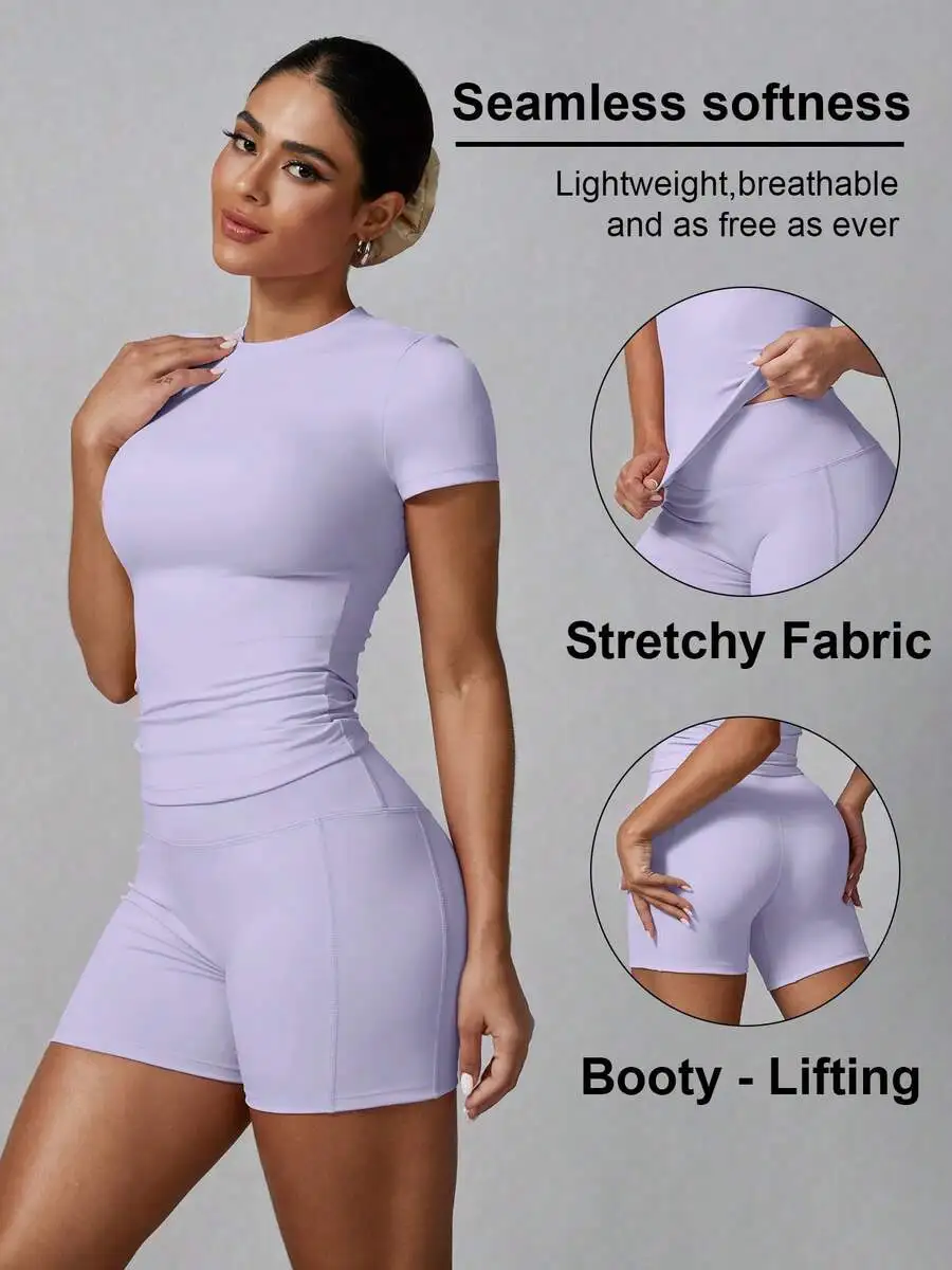 Womens Solid Color Short Sleeve Sports Shorts Set Lavender Summer Fitness Activewear
Womens Solid Color Short Sleeve Sports Shorts Set Lavender Summer Fitness Activewear