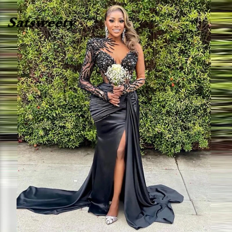 Black Long Sleeves Evening Dresses With Sheer Neck Beads Pleats Long Sleeves Prom Dress High Side Split Women Birthday Gowns
Black Long Sleeves Evening Dresses With Sheer Neck Beads Pleats Long Sleeves Prom Dress High Side Split Women Birthday Gowns