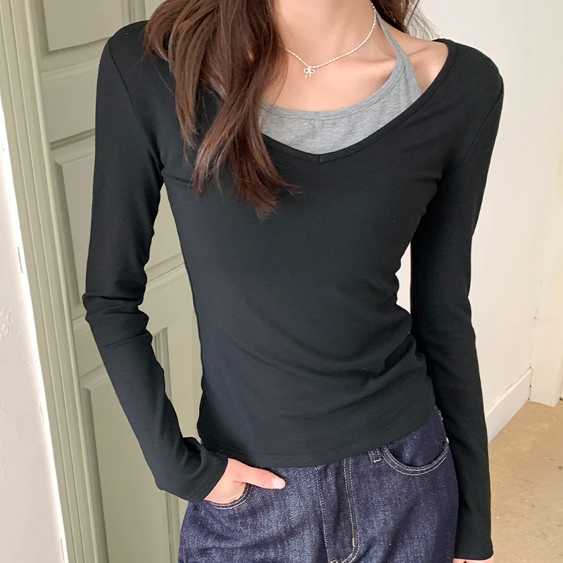 Korean Chic Fake Two Pieces V-neck Long Sleeve T-shirts Women New Spring Auutmn Slim Tee Shirt Ladies Casual Patchwork Tops
Korean Chic Fake Two Pieces V-neck Long Sleeve T-shirts Women New Spring Auutmn Slim Tee Shirt Ladies Casual Patchwork Tops