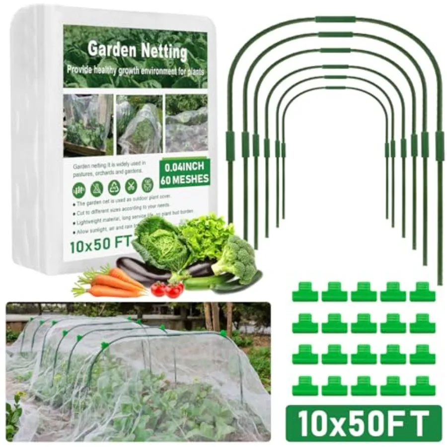 Garden mesh netting kit for raised beds: polyethylene, black, 10x50FT with 6 hoops 18 clipsUV-resistant, lightweight, reusable
Garden mesh netting kit for raised beds: polyethylene, black, 10x50FT with 6 hoops 18 clipsUV-resistant, lightweight, reusable
