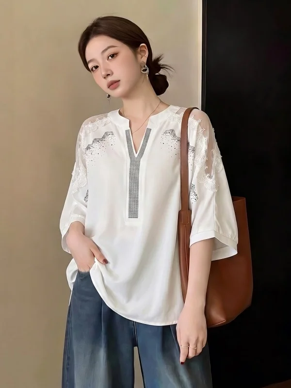 Lace Mesh V-neck Short Sleeve T-shirt Women's plus Size Summer New Style Big Code Fat MM Belly Cover Fashionable Youthful Top
Lace Mesh V-neck Short Sleeve T-shirt Women's plus Size Summer New Style Big Code Fat MM Belly Cover Fashionable Youthful Top