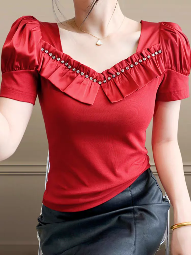 2025 Summer Cotton Tees Women Square Neck Ruffle Crystal Studded Puff Sleeve Slim Fit T-shirts Trendy Girls Top
2025 Summer Cotton Tees Women Square Neck Ruffle Crystal Studded Puff Sleeve Slim Fit T-shirts Trendy Girls Top