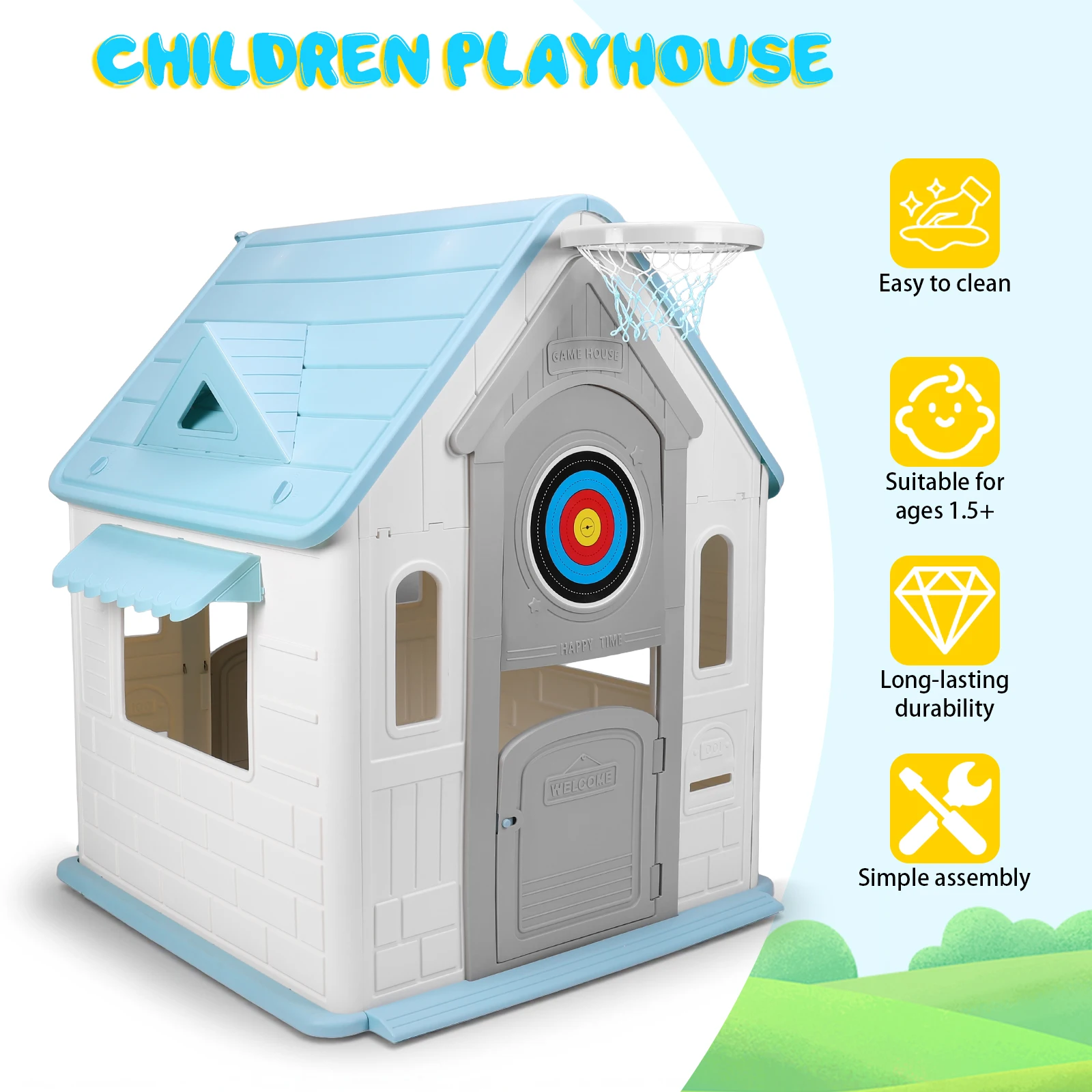 Kids Playhouse with Basketball Hoop Dartboard Non-Toxic Backyard Activity Cottage Garden Play Structure Imaginative Play Tent
Kids Playhouse with Basketball Hoop Dartboard Non-Toxic Backyard Activity Cottage Garden Play Structure Imaginative Play Tent
