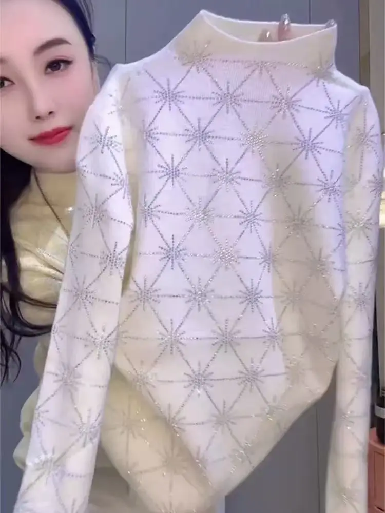 Luxury Sparkle Diamonds Hot Drilling Long Sleeve Sweater Women Autumn Winter Off White Knitwear Top Knitted Bottoming Pullovers
Luxury Sparkle Diamonds Hot Drilling Long Sleeve Sweater Women Autumn Winter Off White Knitwear Top Knitted Bottoming Pullovers