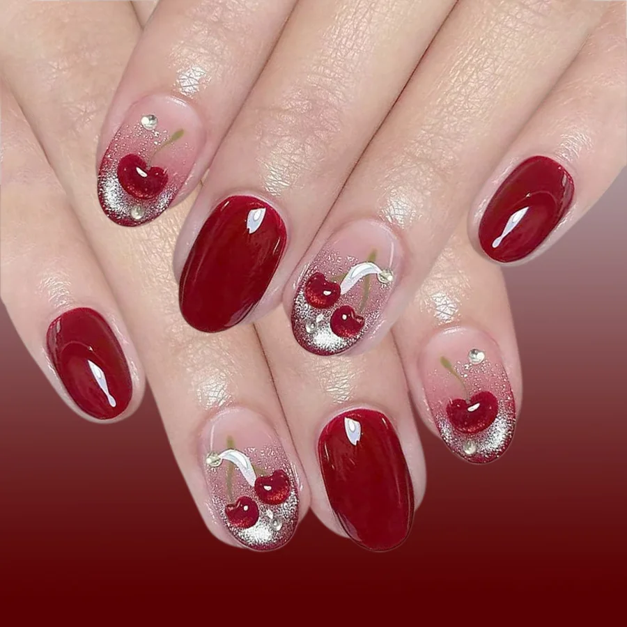 24Pcs Short Round Head False Nails Cat's Eye Red Smudge Press on Fake Nails 3D Cherry Rhinestone Reusable Full Cover Nails Tips
24Pcs Short Round Head False Nails Cat's Eye Red Smudge Press on Fake Nails 3D Cherry Rhinestone Reusable Full Cover Nails Tips