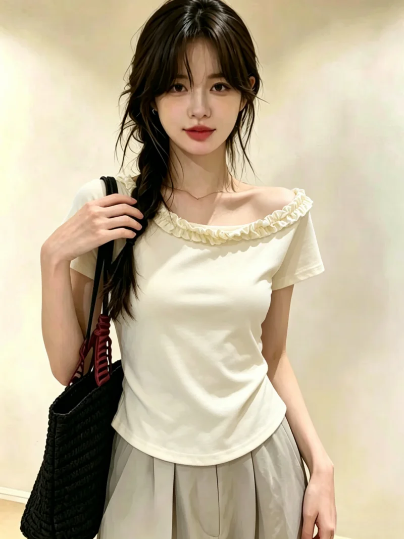 Sweet Summer Short Sleeve T-Shirt Women's Kept Model Shoulder Bared Side Collar Earlet Korean Style Slim Fit Pure Color Top
Sweet Summer Short Sleeve T-Shirt Women's Kept Model Shoulder Bared Side Collar Earlet Korean Style Slim Fit Pure Color Top