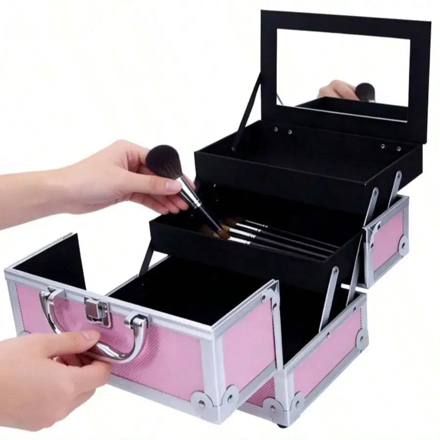 Portable Aluminum Makeup Case With Mirror Double Opening Pink Cosmetic Organizer
Portable Aluminum Makeup Case With Mirror Double Opening Pink Cosmetic Organizer