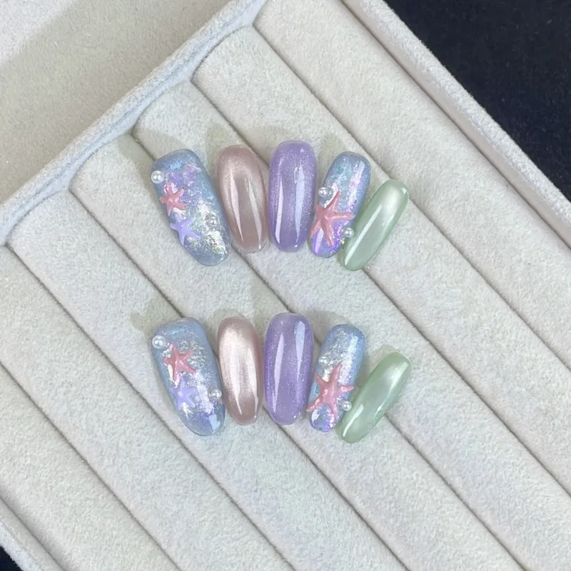 10 Pieces Summer Romantic Rainbow Beach Handmade Press On Nails Pink Starfish Pearl Cat Eye Fake Nails Removable Reusable
10 Pieces Summer Romantic Rainbow Beach Handmade Press On Nails Pink Starfish Pearl Cat Eye Fake Nails Removable Reusable