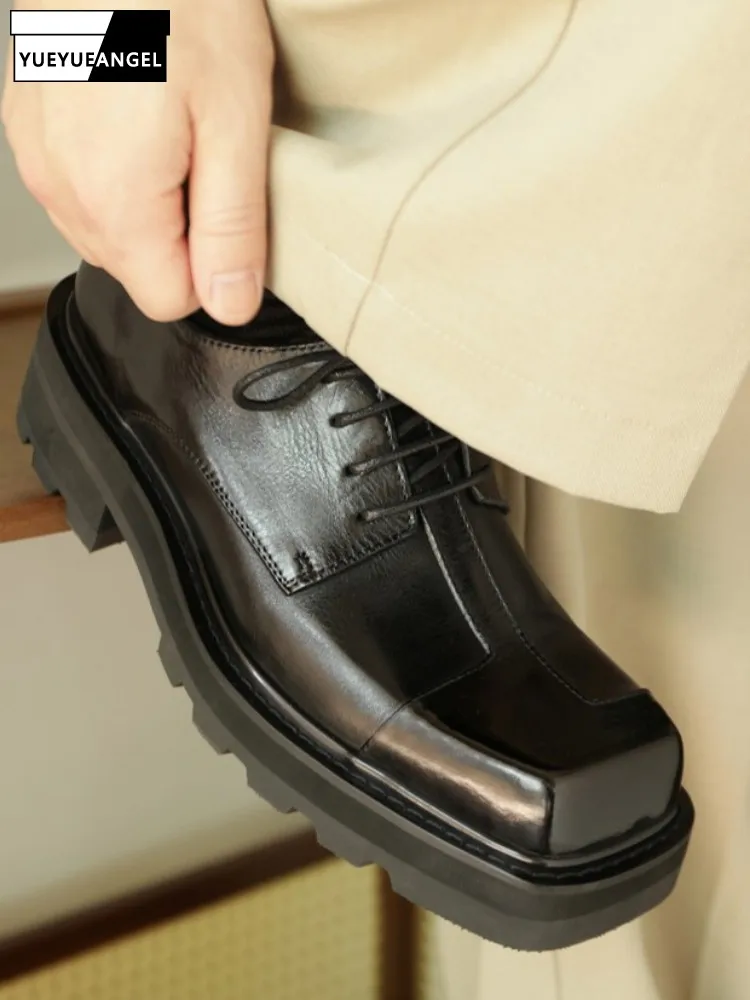 Мужские модельные туфли на шнуровке из конской кожи в британском стиле, однотонная деловая обувь из натуральной кожи с квадратным носком, увеличивающая рост на платформе 
Мужские модельные туфли на шнуровке из конской кожи в британском стиле, однотонная деловая обувь из натуральной кожи с квадратным носком, увеличивающая рост на платформе