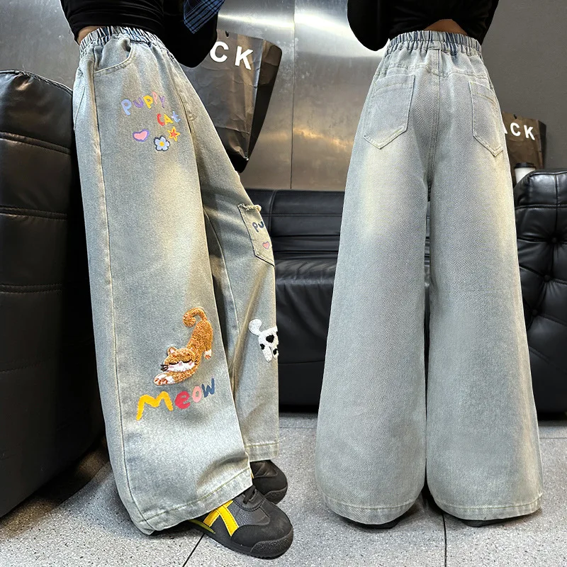 Джинсы для школьниц, уличные, осенние, для девочек-подростков, с вышивкой в виде собачки, широкие джинсы из денима для детей
Джинсы для школьниц, уличные, осенние, для девочек-подростков, с вышивкой в виде собачки, широкие джинсы из денима для детей