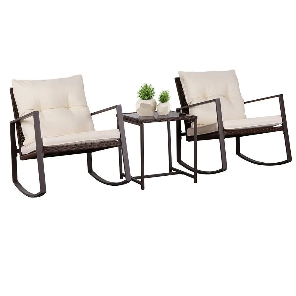 3-Piece Patio Rocking Bistro Set Wicker Chairs with Glass Coffee Table Beige Cushions Outdoor Porch Garden Use Customized
3-Piece Patio Rocking Bistro Set Wicker Chairs with Glass Coffee Table Beige Cushions Outdoor Porch Garden Use Customized