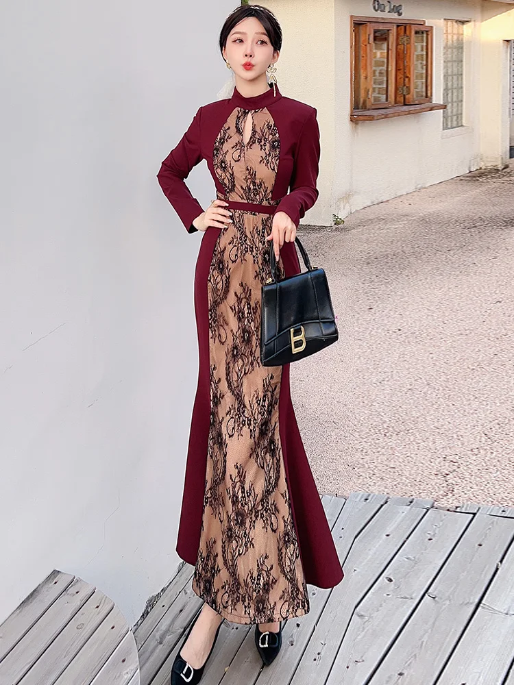 Ele Slimming High Waist Faionable Lace Splicing Draped Fi Tail Velvet Dr Long Autumn Winter New Sle Women's Dr
Ele Slimming High Waist Faionable Lace Splicing Draped Fi Tail Velvet Dr Long Autumn Winter New Sle Women's Dr