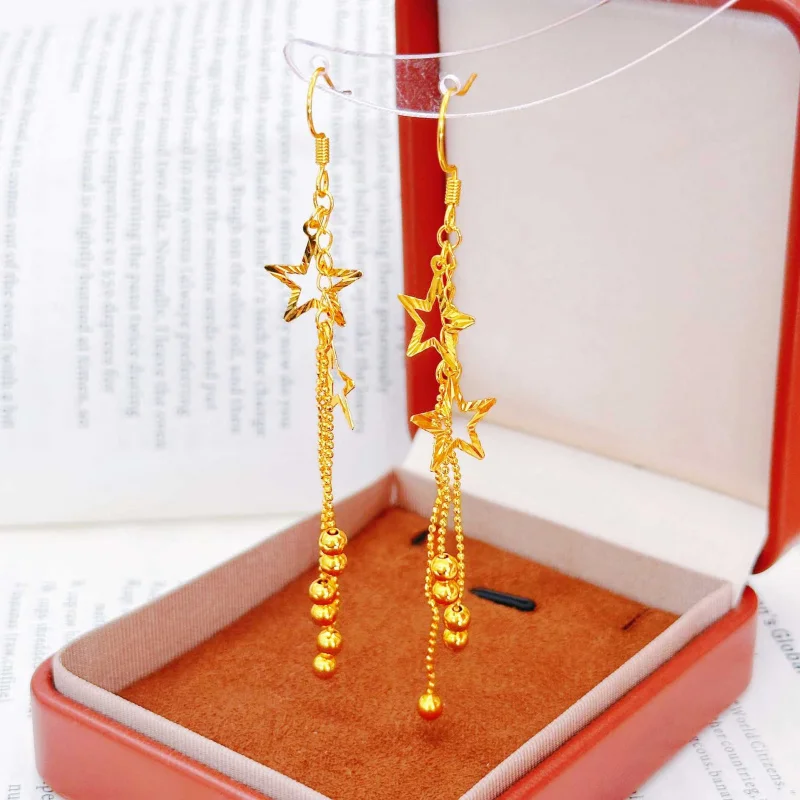 Luxury 100% Real 24K Gold Double Star Tassel Ear Hooks Unique Design Five-Pointed Star Long Earrings For Women
Luxury 100% Real 24K Gold Double Star Tassel Ear Hooks Unique Design Five-Pointed Star Long Earrings For Women