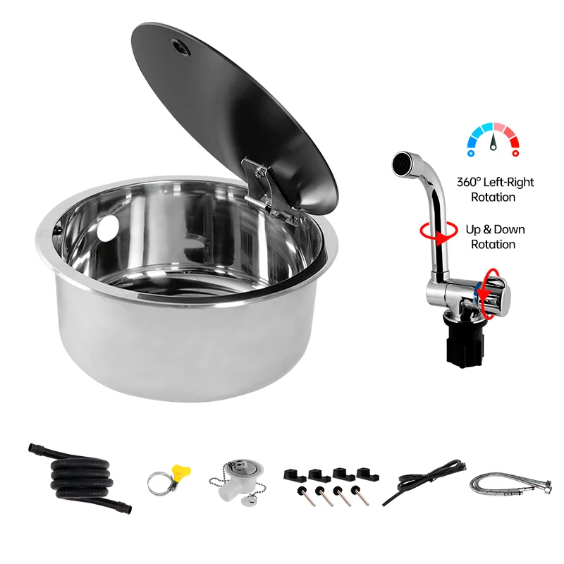 Round RV Sink For Small Space Stainless Steel Marine Boat Galley Sink With Folding Faucet Folding Lid Sink Kit
Round RV Sink For Small Space Stainless Steel Marine Boat Galley Sink With Folding Faucet Folding Lid Sink Kit